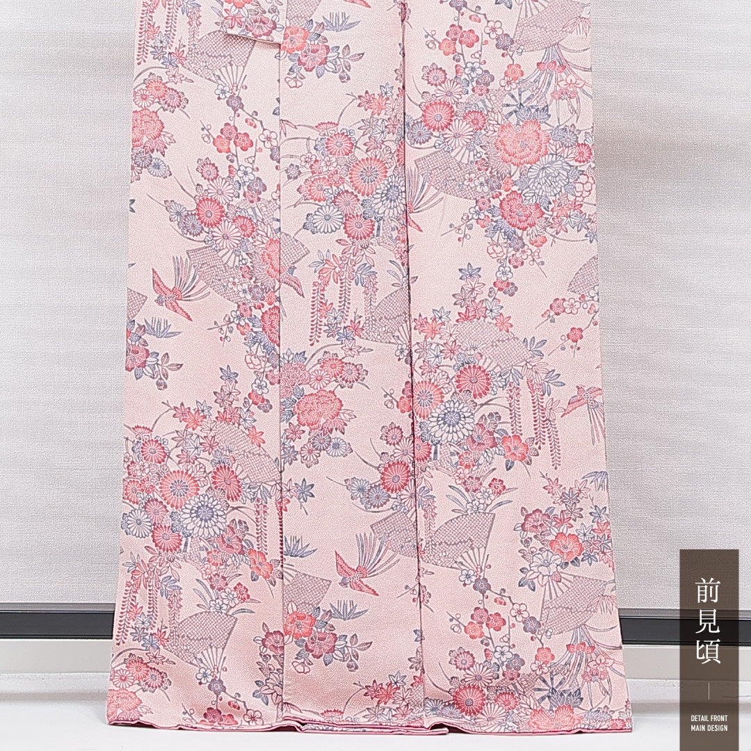 小紋 袷 身丈163cm 裄丈62cm 正絹 Sランク インフォーマル バチ衿 Lサイズ 扇 梅 ピンク系 RP 1221-15553