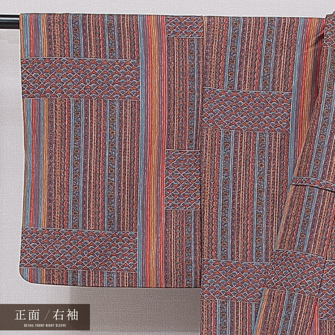 小紋 袷 身丈163cm 裄丈63cm 正絹 Sランク Lサイズ 広衿 インフォーマル 創作柄 多色系 1215-15487