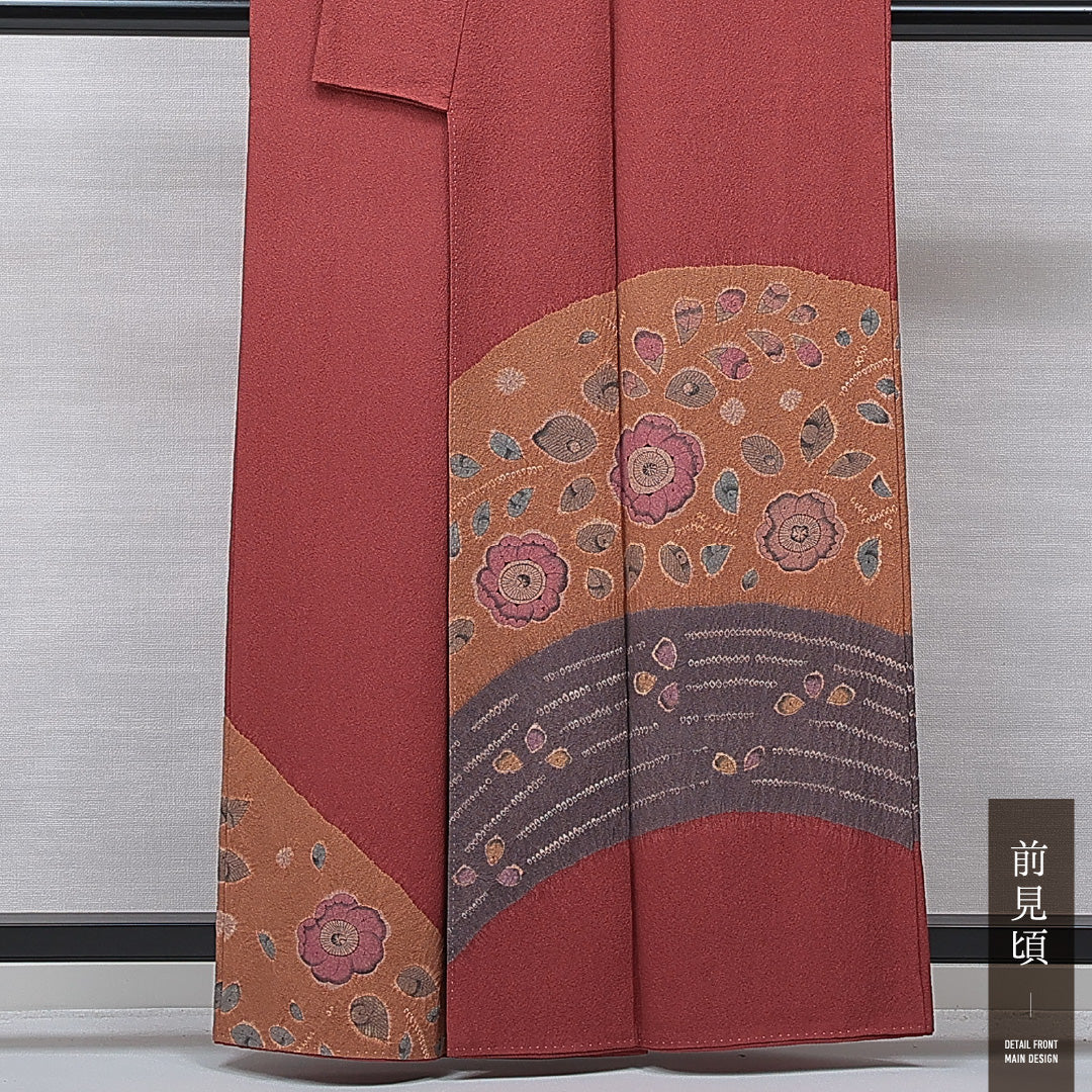 付下げ 袷 身丈160cm 裄丈65cm 正絹 Sランク インフォーマル 広衿 Lサイズ ふくれ織 辻が花 赤系 RP 1218-15721
