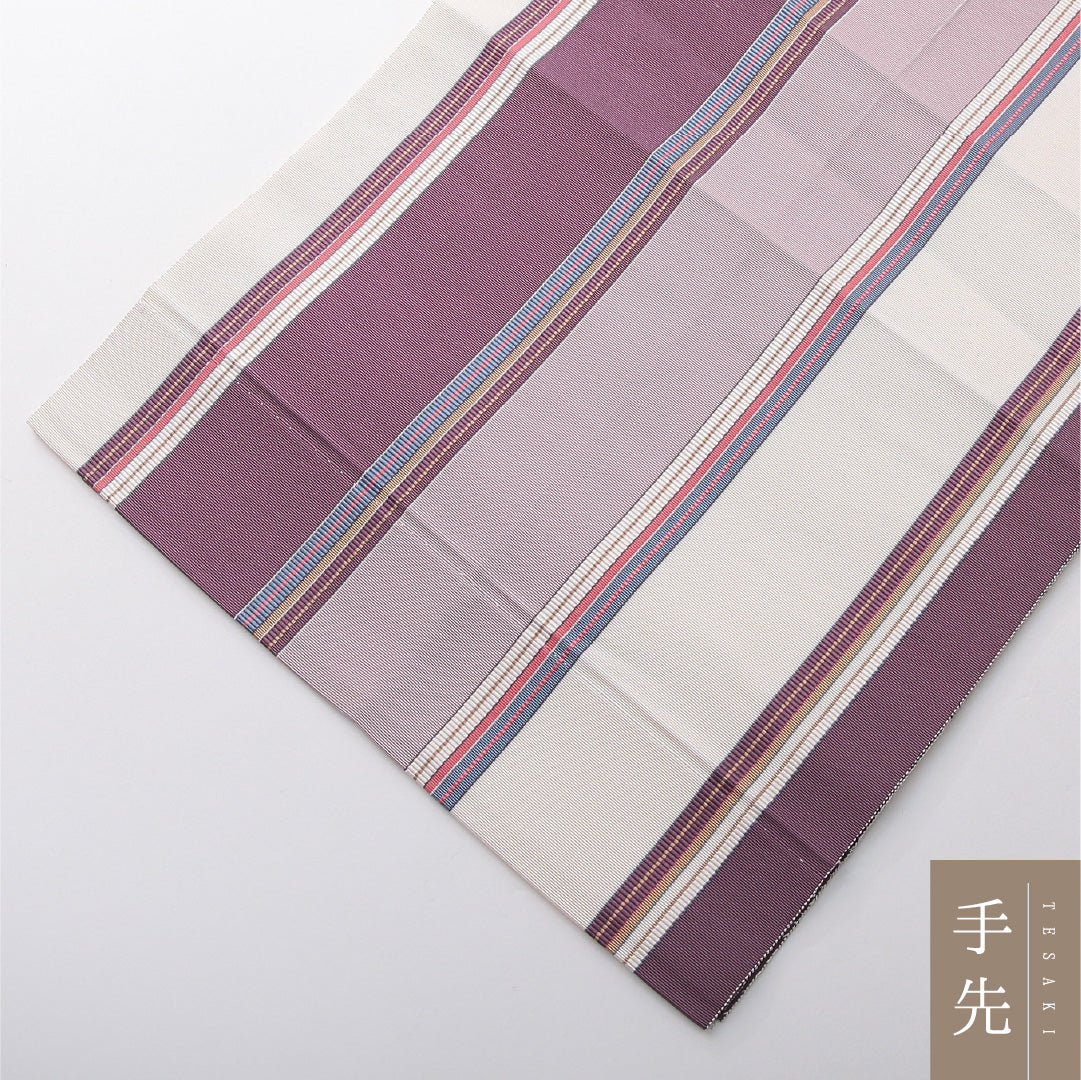 八寸名古屋帯 Cランク 帯丈354cm 正絹 全通 開き仕立て 帯芯なし 織り カジュアル 縞 クリーム系 HP 1245-03741
