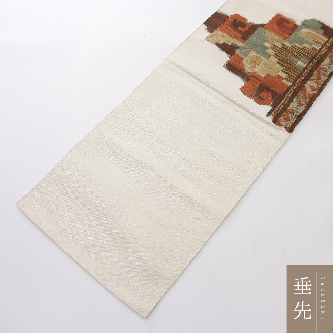 八寸名古屋帯 Bランク 帯丈348cm 正絹 ポイント柄 松葉仕立て 織り カジュアル 紬 創作柄 クリーム系 RP 1245-04024