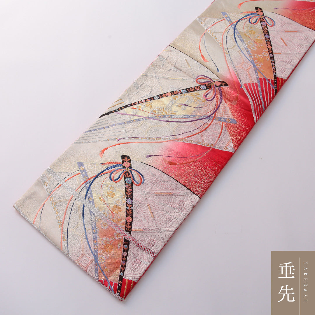 振袖用 袋帯 帯丈424cm 正絹 全通 扇面文 組紐 吉祥文様 赤系 金系 1243-01955