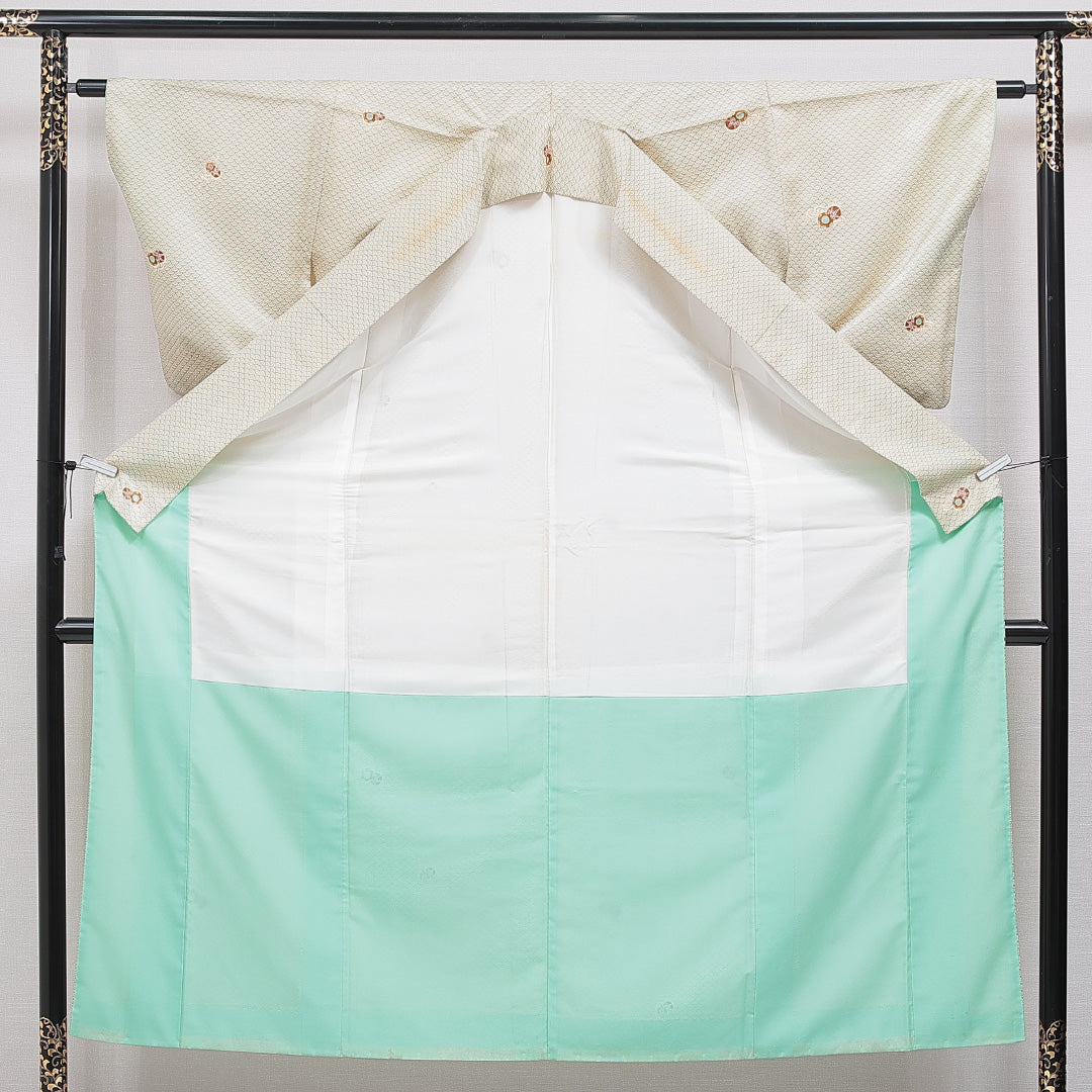 小紋 洗える着物 袷 身丈146cm 裄丈62cm ポリエステル Cランク XSサイズ 広衿 インフォーマル 鼓 青海波 緑系 1215-16316