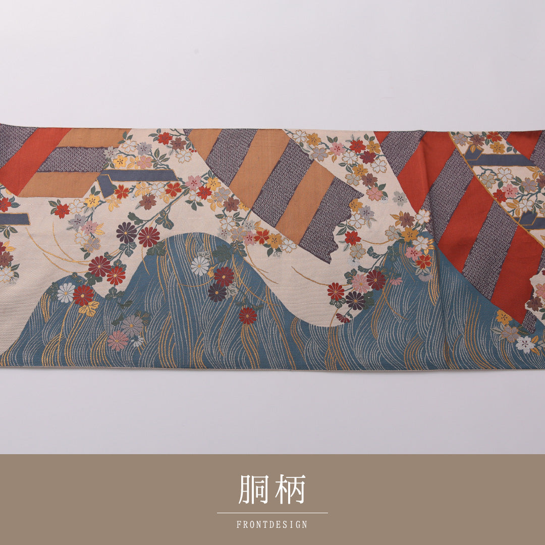 袋帯 帯丈432cm 正絹 全通 セミフォーマル 風景柄 桜 吉祥文様 多色系 1243-01932