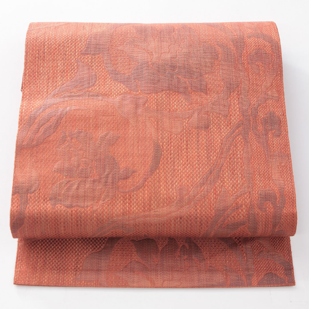 九寸名古屋帯 帯丈362cm インフォーマル 名古屋仕立て 六通 Sランク 正絹 ふくれ織 唐華 朱系 1224-04179