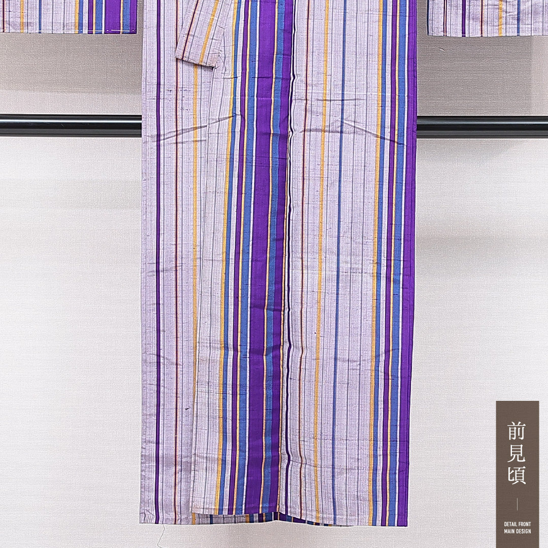 アンティーク 紬 単衣 身丈143cm 裄丈62cm 正絹 Aランク XSサイズ バチ衿 居敷当て 肩当て 縞 グレー系 紫系 1216-15106