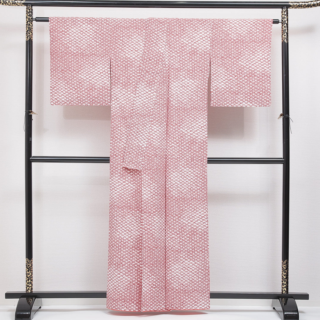 洗える着物 小紋 袷 身丈159cm 裄丈60cm ポリエステル Sランク インフォーマル 広衿 Mサイズ 扇 赤系 RP 1221-16429