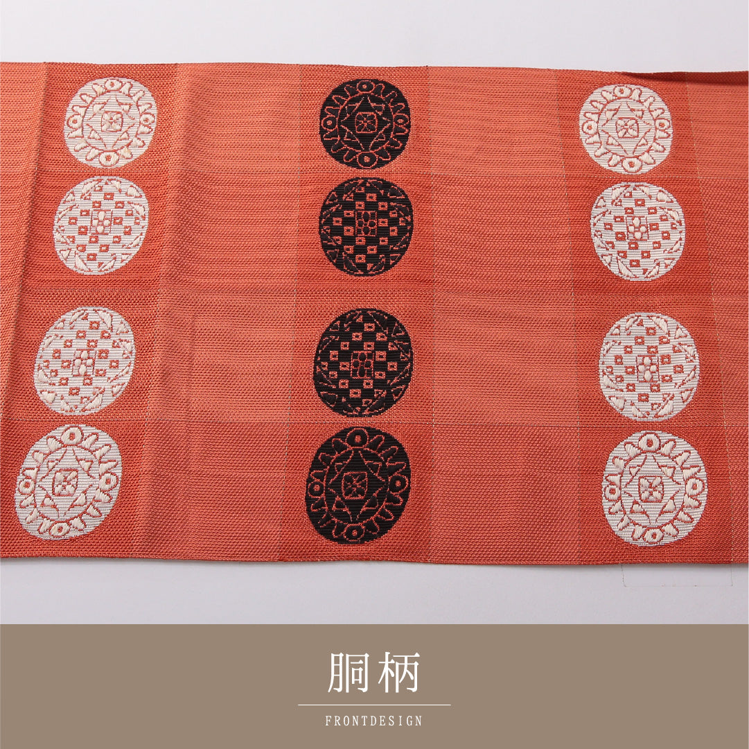 八寸名古屋帯 帯丈361cm カジュアル 松葉仕立て ポイント柄 Cランク 正絹 創作柄 朱系 1224-03620