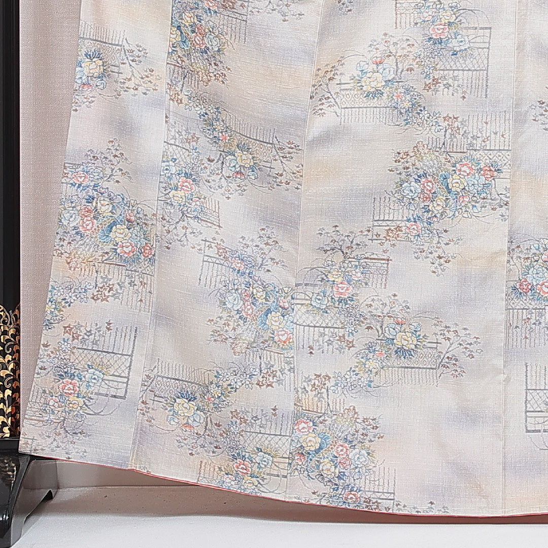 紬 袷 身丈164cm 裄丈66cm 正絹 Aランク Lサイズ 広衿 カジュアル 牡丹 クリーム系 1216-16662