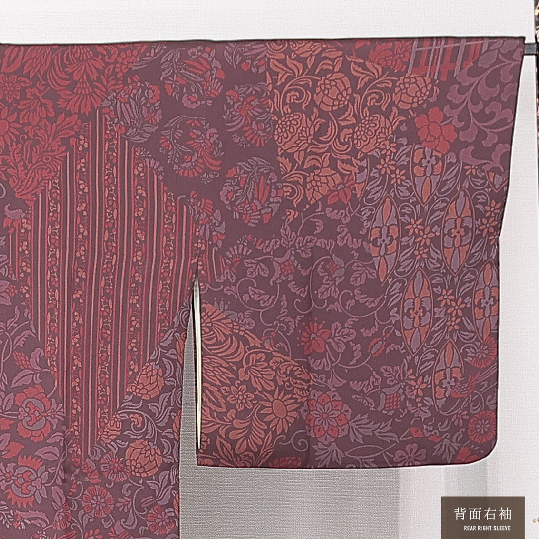 道行コート 袷 身丈86cm 裄丈66cm 正絹 Sランク Mサイズ フォーマル ポケットあり 唐草 縞 紫系 1263-15136