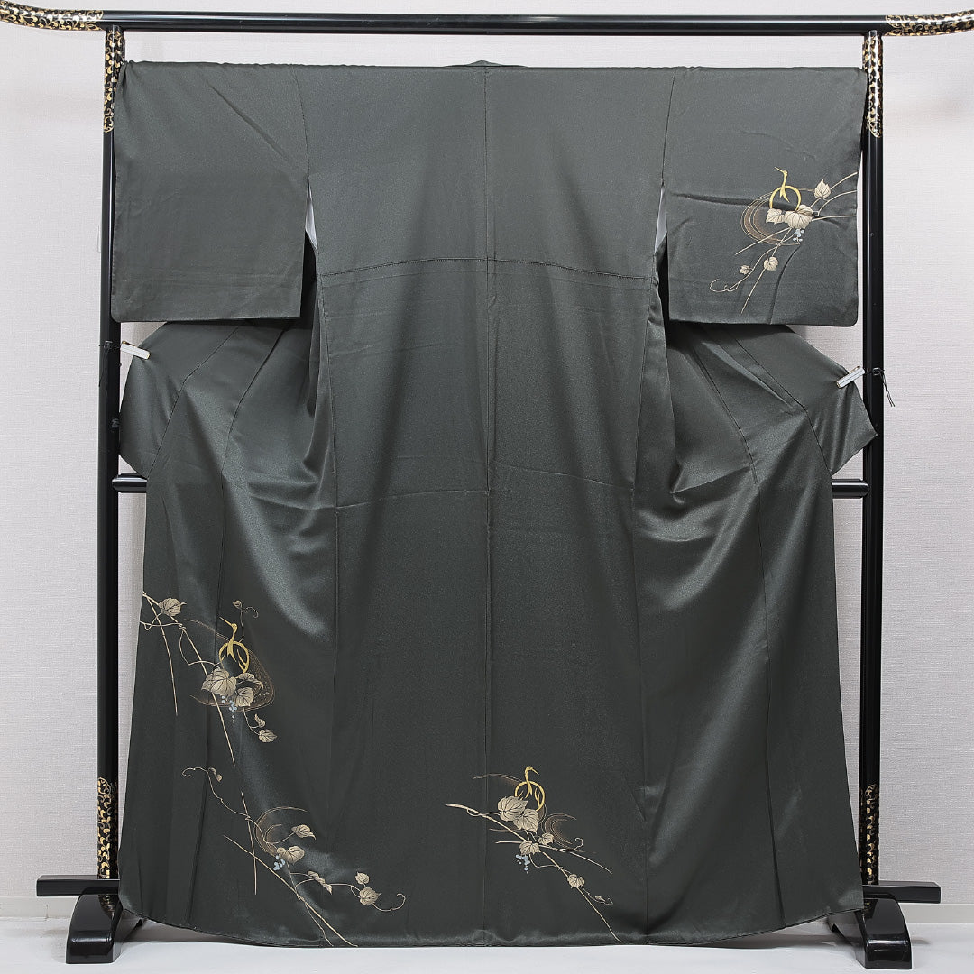 付下げ 袷 身丈166cm 裄丈69cm 正絹 Sランク インフォーマル 広衿 XLサイズ 鶴 葡萄 上品 落ち着き 緑系 M4 1218-15499
