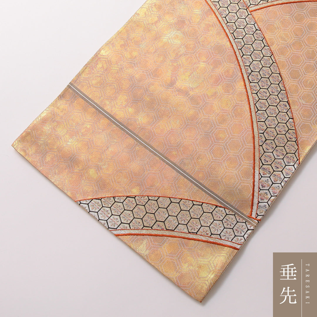 袋帯 帯丈424cm 正絹 六通 セミフォーマル 花菱亀甲 金系 1243-01847