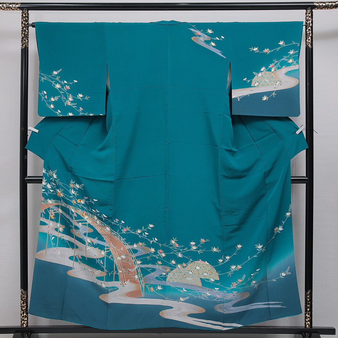 訪問着 洗える着物 袷 身丈156cm 裄丈65cm ポリエステル Sランク Mサイズ 広衿 セミフォーマル 流水 橘 金駒刺繍 緑系 青系 1212-16086