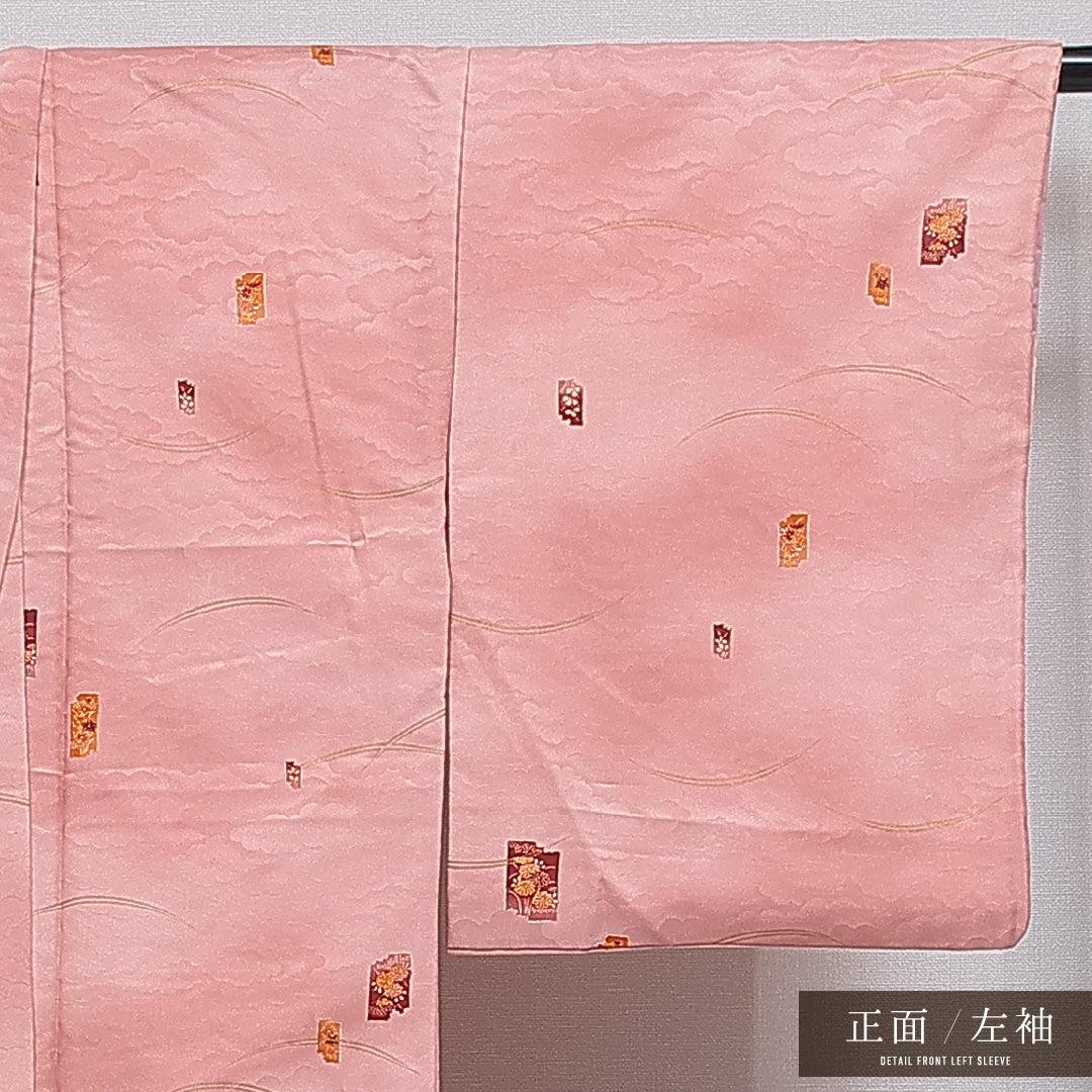 小紋 洗える着物 袷 身丈159cm 裄丈63cm ポリエステル Cランク Mサイズ 広衿 インフォーマル 色紙 雲取り ピンク系 1215-16114