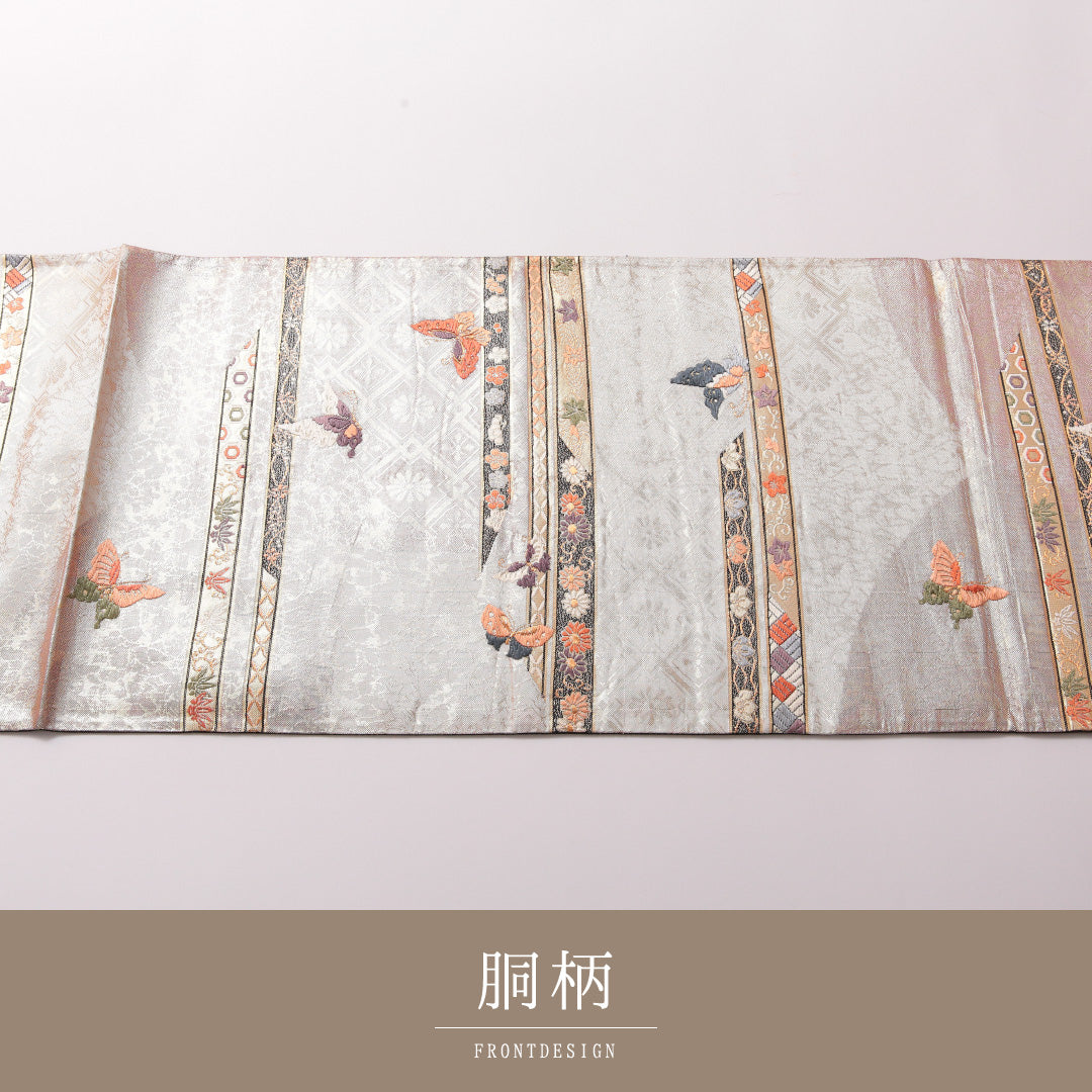 袋帯 帯丈424cm 正絹 六通 フォーマル 裂取り 蝶 吉祥文様 金系 ピンク系 1243-01788