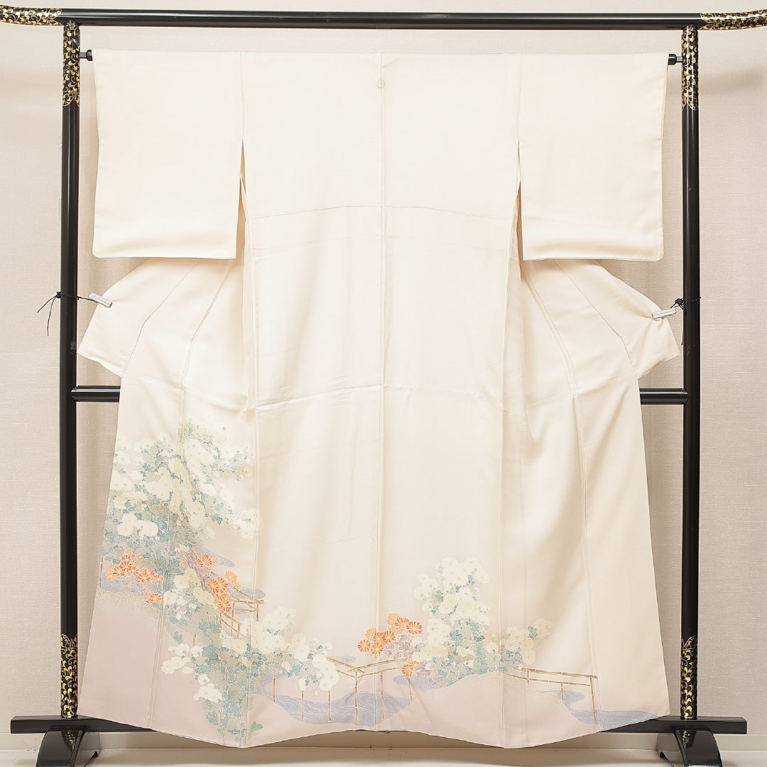 訪問着 袷 身丈158cm 裄丈64cm 正絹 Cランク Mサイズ 広衿 セミフォーマル 流水 菊 クリーム系 1212-16911