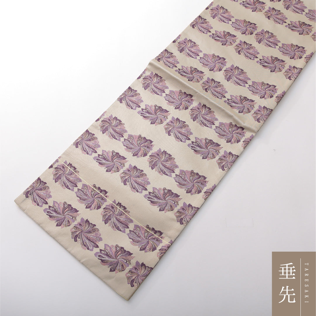 九寸名古屋帯 帯丈360cm カジュアル 開き仕立て 全通 Sランク 正絹 花柄 ベージュ系 1224-03823