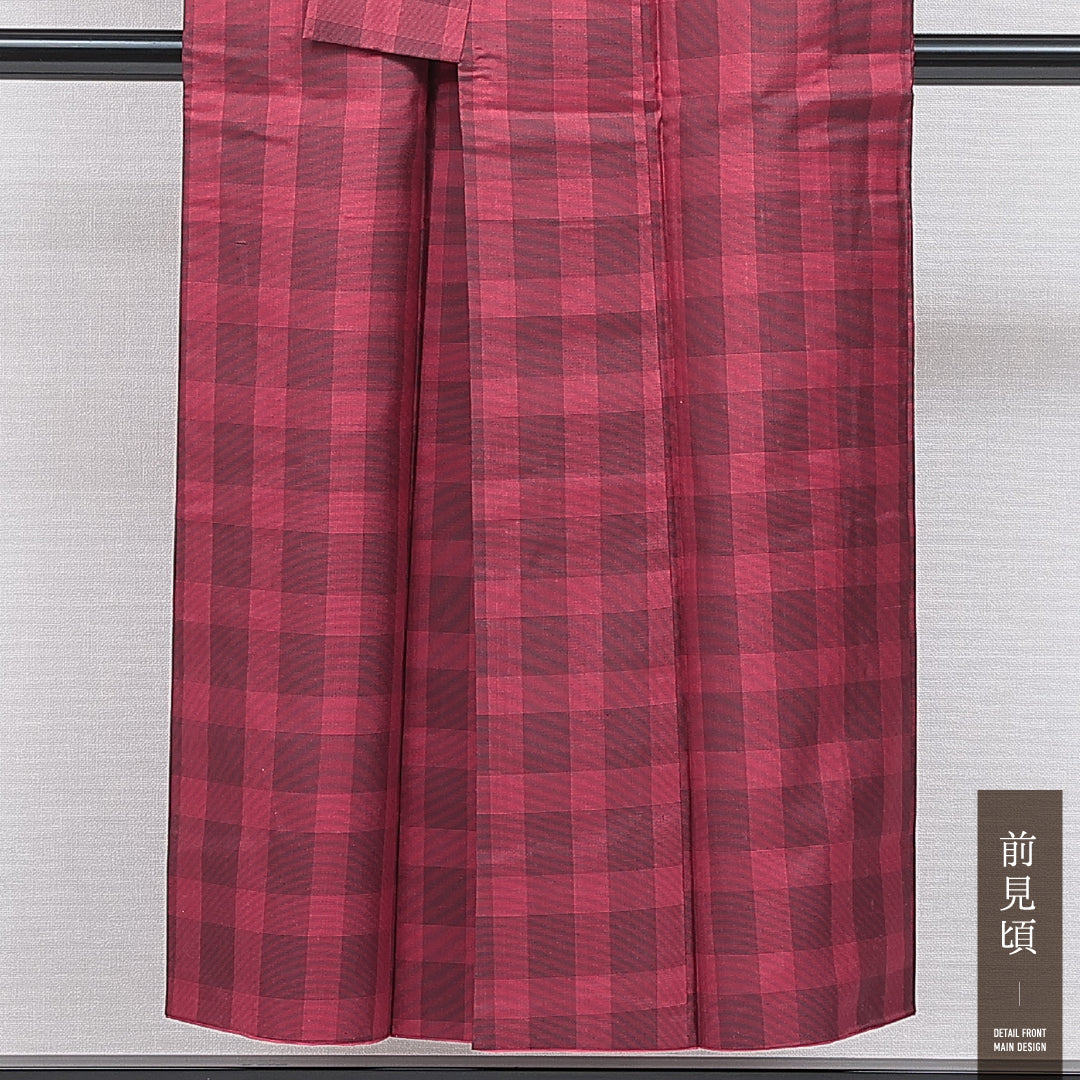 紬 袷 身丈147cm 裄丈62cm 正絹 Cランク カジュアル 広衿 XSサイズ 格子 赤系 LP 1223-16419