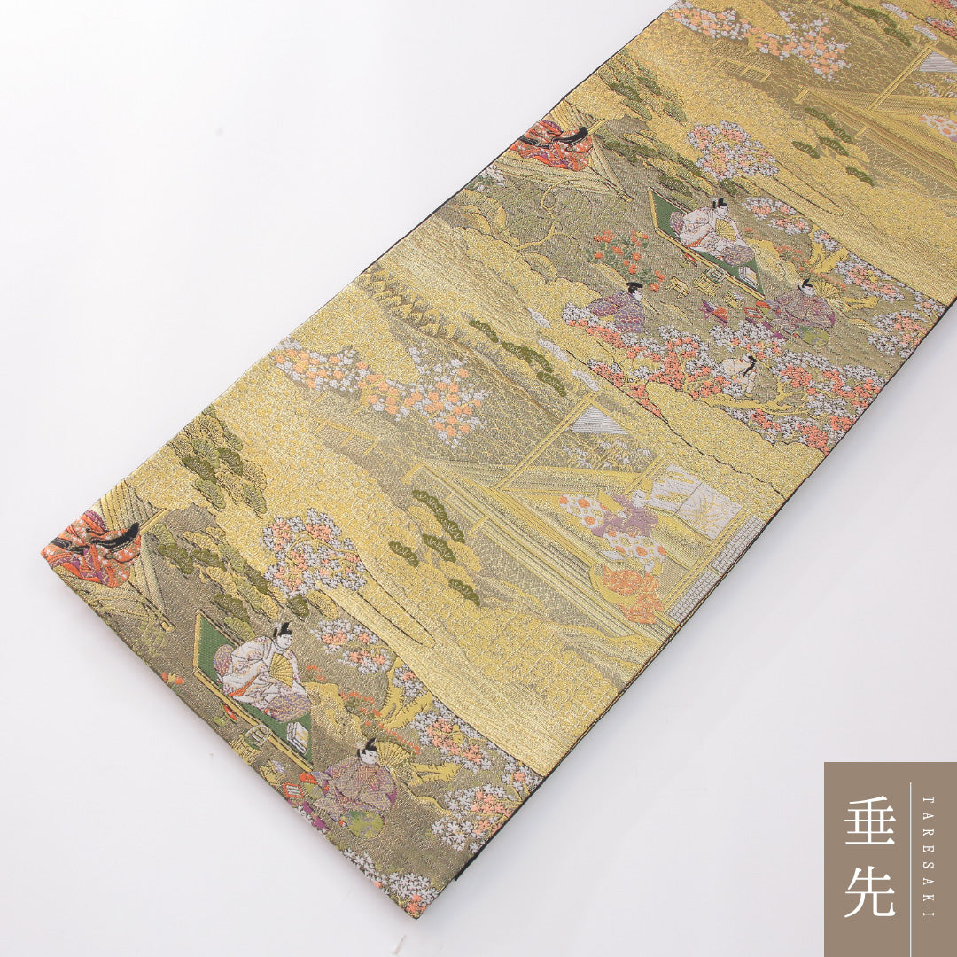 袋帯 帯丈450cm 正絹 六通 式図物語 フォーマル 平安絵巻 吉祥文様 金系 銀系 1243-02267