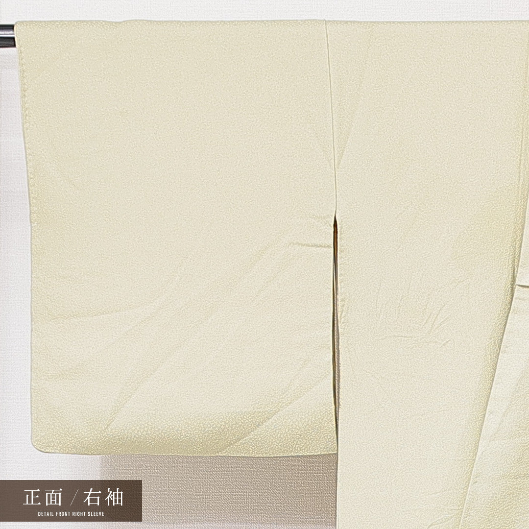 色無地 袷 身丈152cm 裄丈61cm 正絹 Bランク 一つ紋 (八つ鷹の羽車) セミフォーマル 広衿 Sサイズ 草木染め 本草木染作家 瑞寶 作家物 落款 無地 緑系 RP 1219-15211