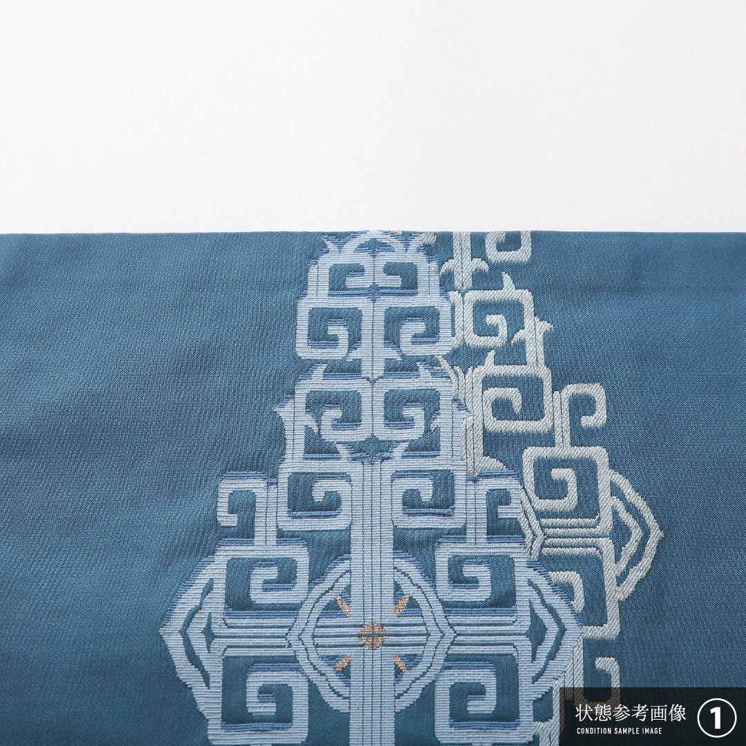 九寸名古屋帯 帯丈356cm カジュアル 名古屋仕立て ポイント柄 Bランク 正絹 創作柄 青系 1224-03836