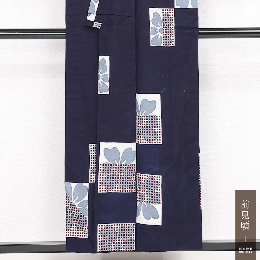 アンティーク 木綿の浴衣 夏物 洗える着物 夏物 身丈153cm 裄丈62cm 木綿 Aランク Sサイズ バチ衿 居敷当て 肩当て 花柄 紺系 1218-13184