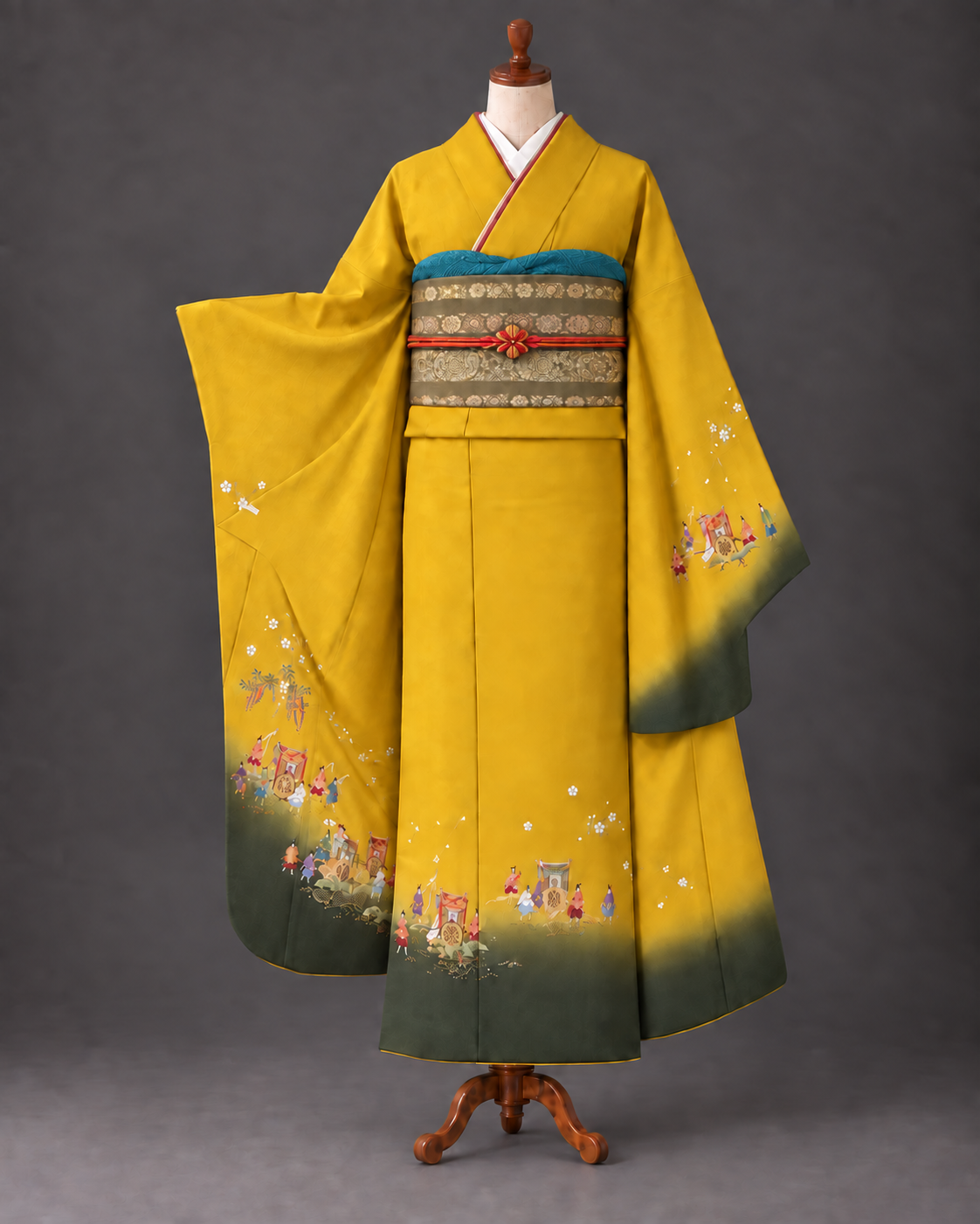 振袖1215-06786と帯1243-02639のAI着姿参考。鮮やかな青緑の帯揚げと細い朱赤の帯締めによる配色提案。小物は販売品ではありません。