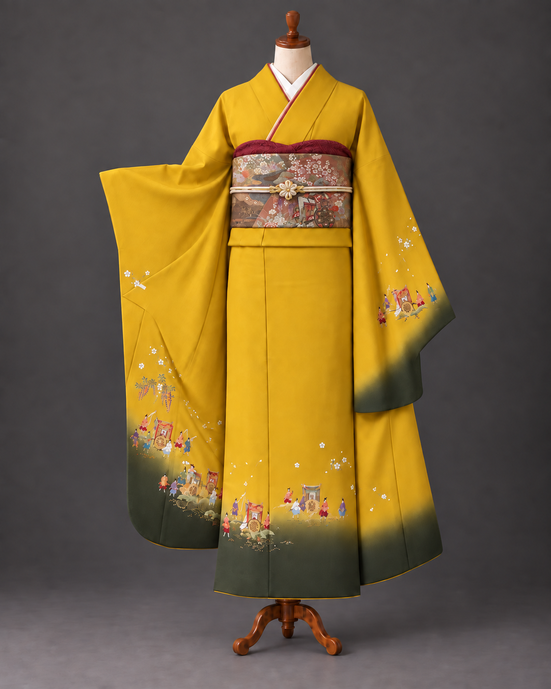 振袖1215-06786と帯1243-02636のAI着姿参考。深い臙脂の帯揚げと生成りの帯締めによる配色提案。小物は販売品ではありません。