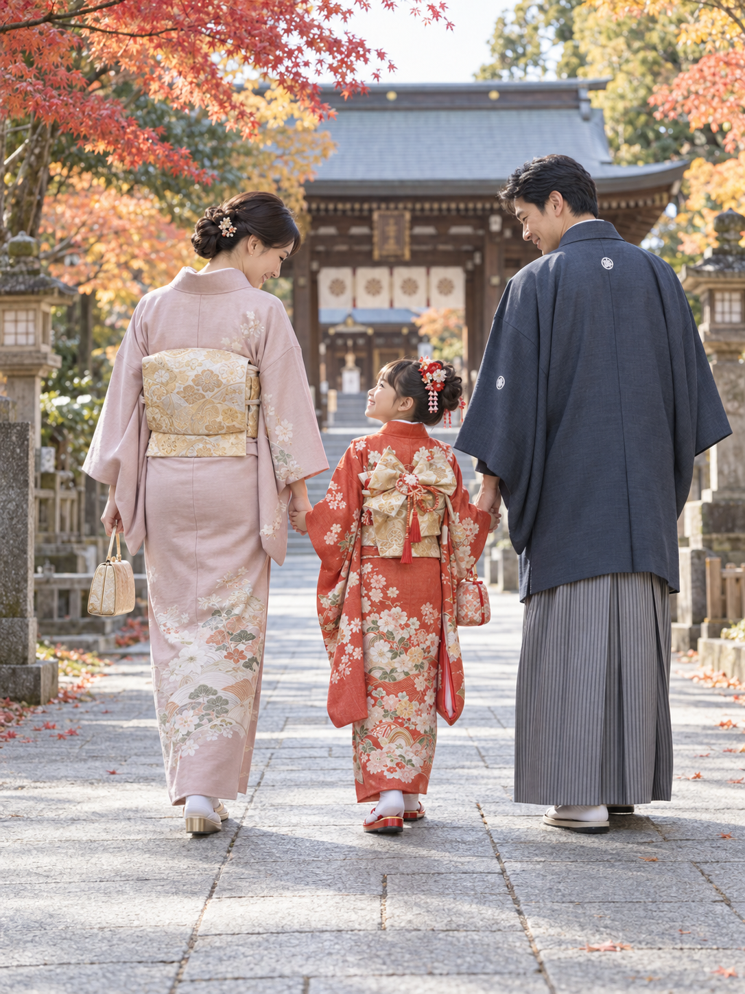 秋の神社を歩く七五三のお子さまと和装の両親