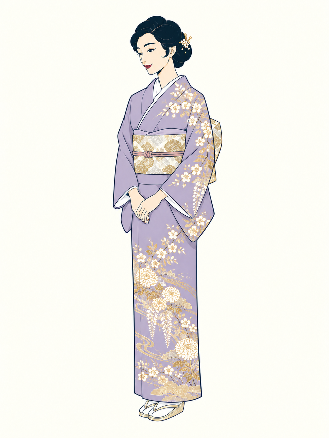 淡い紫の訪問着と礼装用の袋帯を合わせたゲストの装いのイラスト