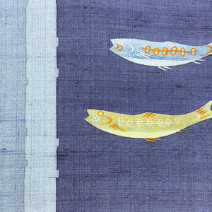 リサイクル着物】名古屋帯 手織り真綿紬 手書き 魚模様 帯丈369cm 正絹