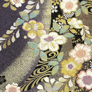 Ｓお仕立て上がり正絹振袖用袋帯 金色、紫色地に花柄