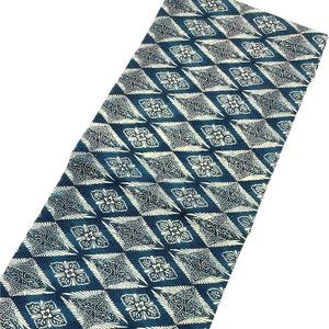 リサイクル着物】名古屋帯 菱型 抽象鳥 藍色 帯丈359cm 正絹 Sランク 