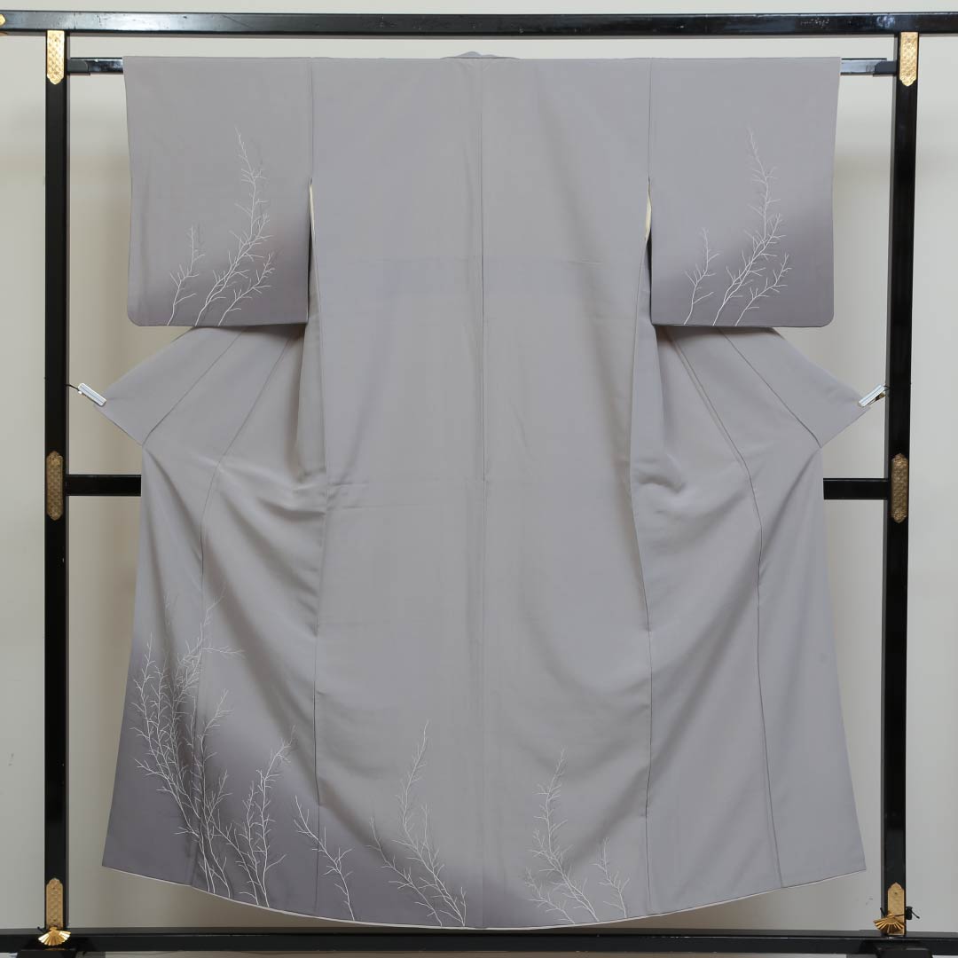 訪問着 袷 身丈153cm 裄丈62cm 正絹 Aランク セミフォーマル 広衿 Sサイズ 植物柄 グレー系 RP 1217-04166