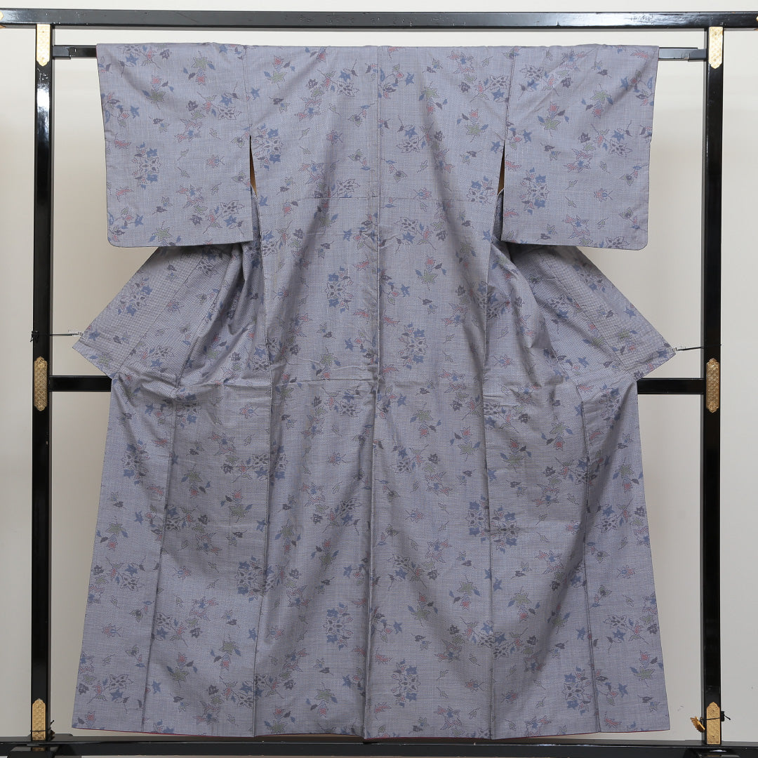 大島紬 袷 身丈155cm 裄丈63cm 正絹 Aランク インフォーマル 広衿 Mサイズ 植物柄 グレー系 RP 1223-02643