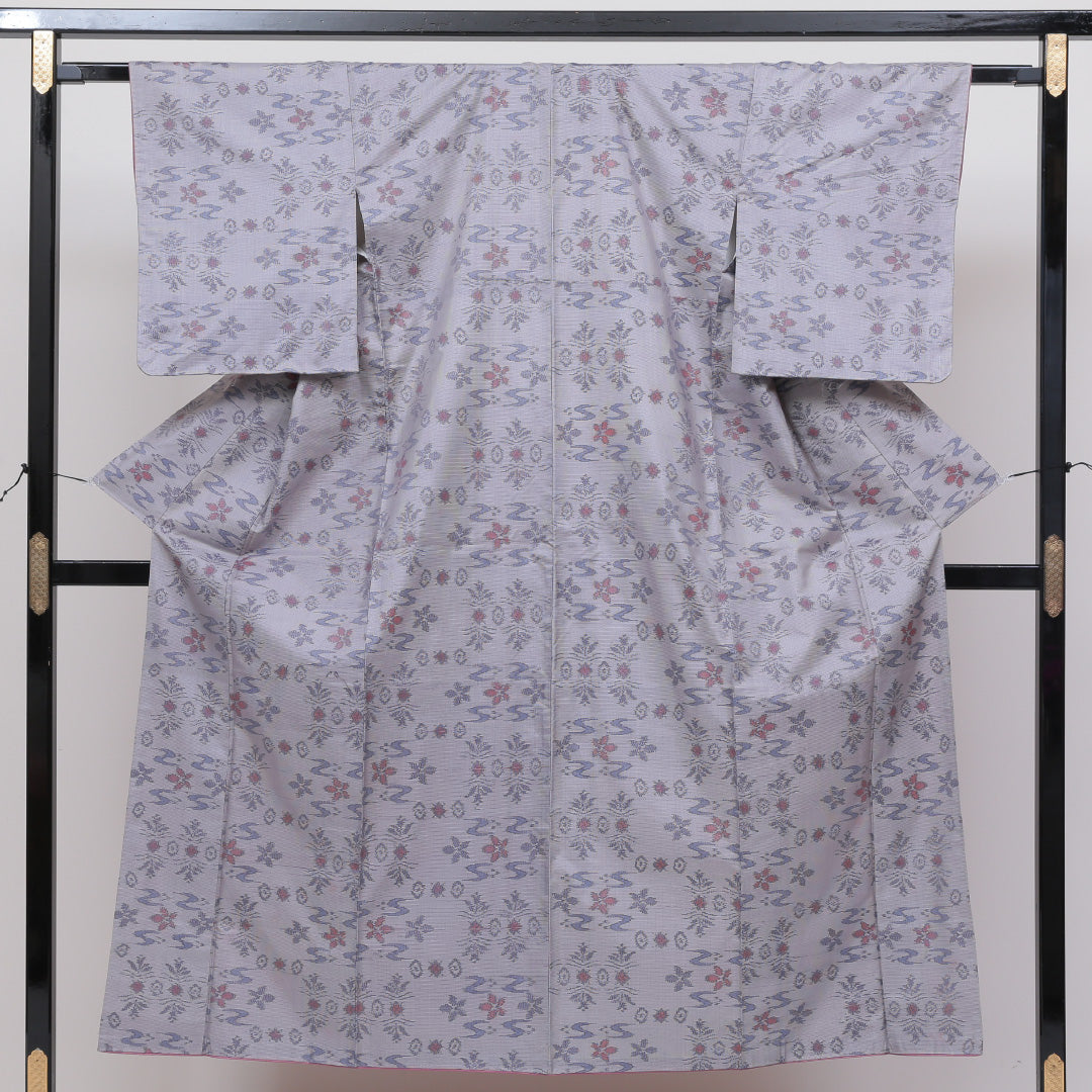 大島紬 袷 身丈150cm 裄丈62cm 正絹 Bランク インフォーマル 広衿 Sサイズ 花柄 グレー系 RP 1223-02579
