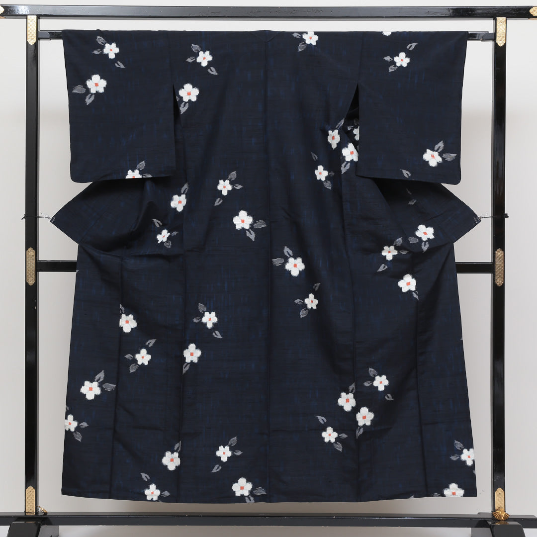 紬 単衣 身丈150cm 裄64.5cm 正絹 紺系 Aランク 小花柄 1216421800129