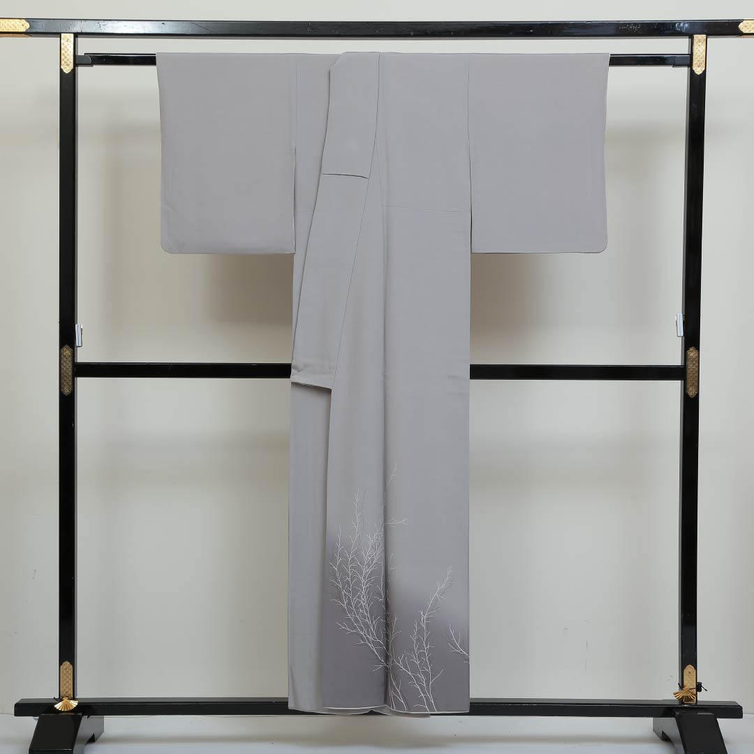 訪問着 袷 身丈153cm 裄丈62cm 正絹 Aランク セミフォーマル 広衿 Sサイズ 植物柄 グレー系 RP 1217-04166