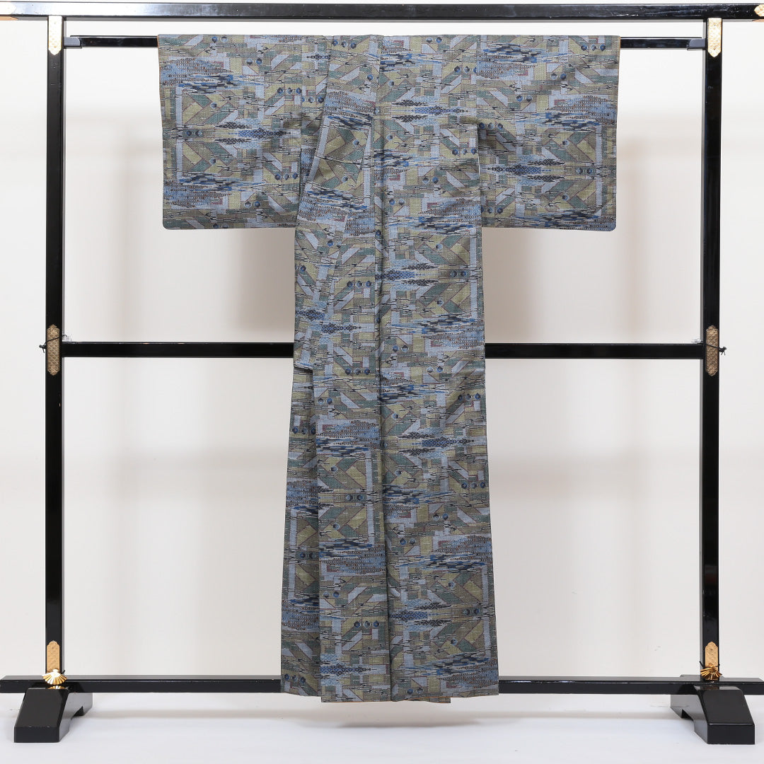 大島紬 袷 身丈153cm 裄丈63cm グレー系 正絹 Sランク 創作 1216222200108