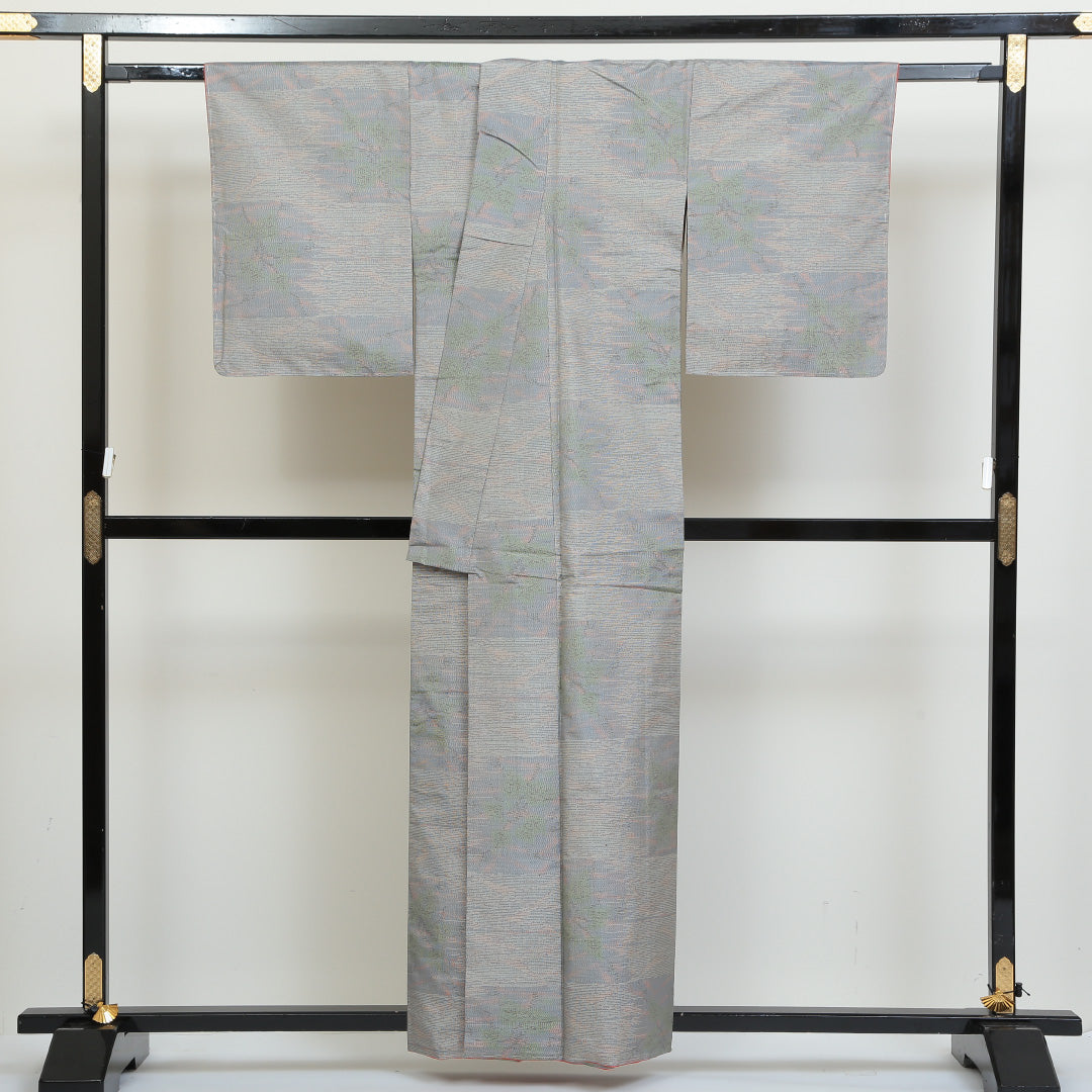 大島紬 袷 身丈159cm 裄丈65cm 正絹 Aランク インフォーマル 広衿 Mサイズ 市松 花柄 グレー系 RP 1223-02714