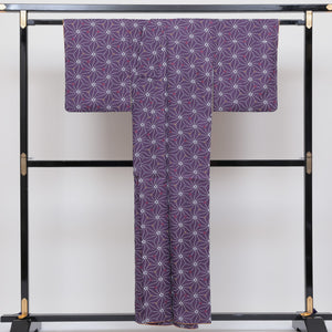 小紋 袷 身丈155cm 紫系 洗える着物 美品 ゆらぎ麻の葉 1215232000215