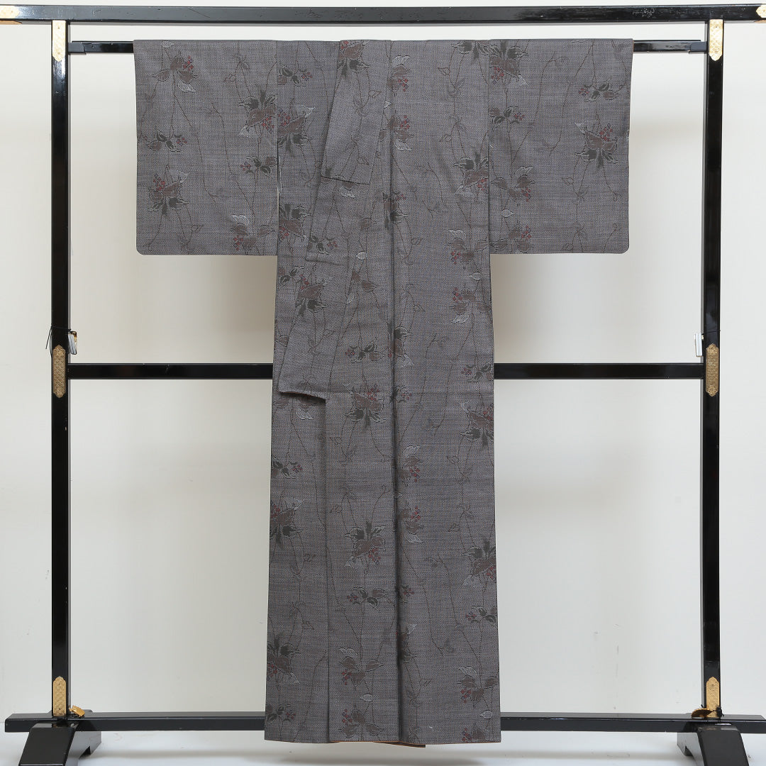 大島紬 袷 身丈156cm 裄丈64cm 正絹 Sランク インフォーマル 広衿 Mサイズ 南天 グレー系 RP 1223-02778