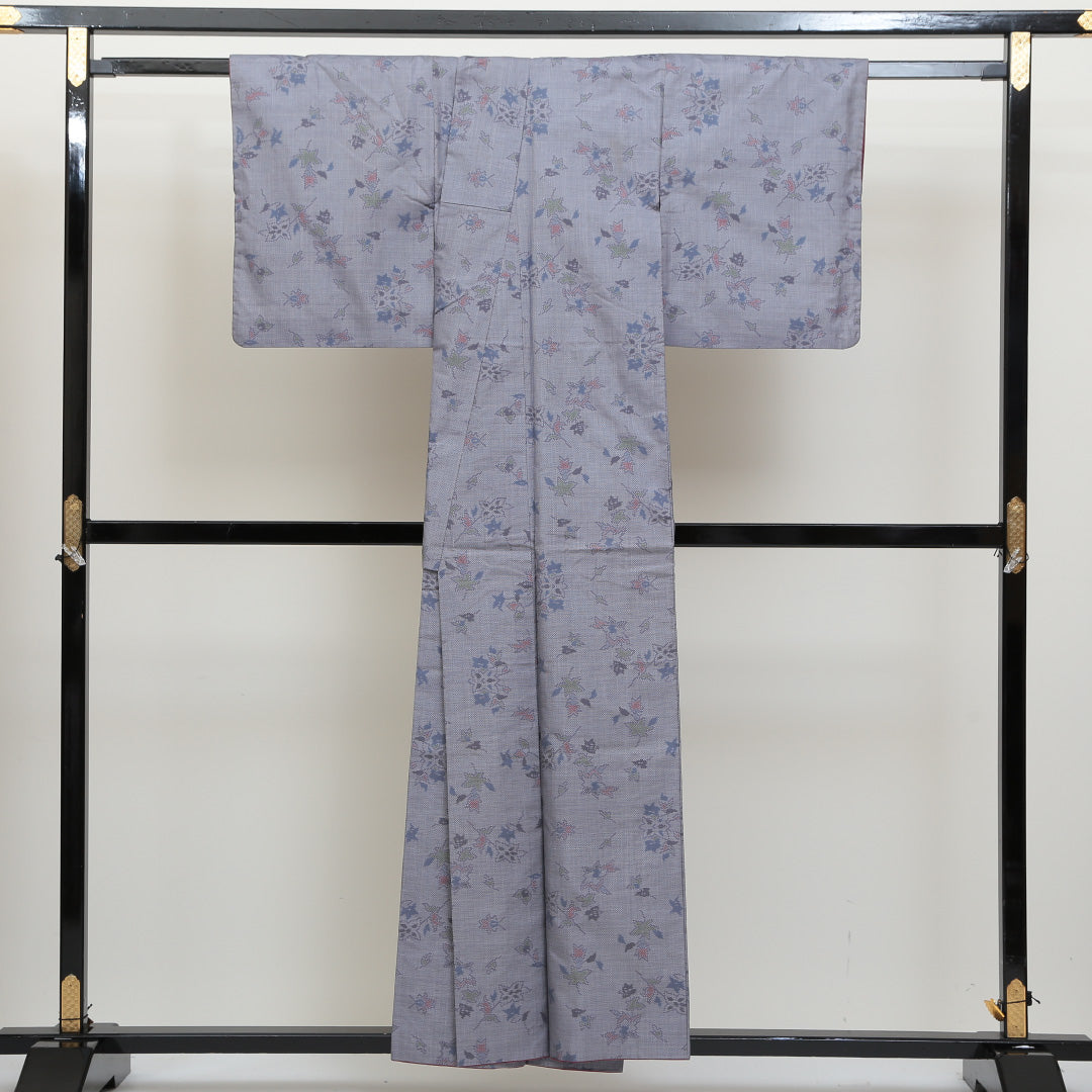 大島紬 袷 身丈155cm 裄丈63cm 正絹 Aランク インフォーマル 広衿 Mサイズ 植物柄 グレー系 RP 1223-02643