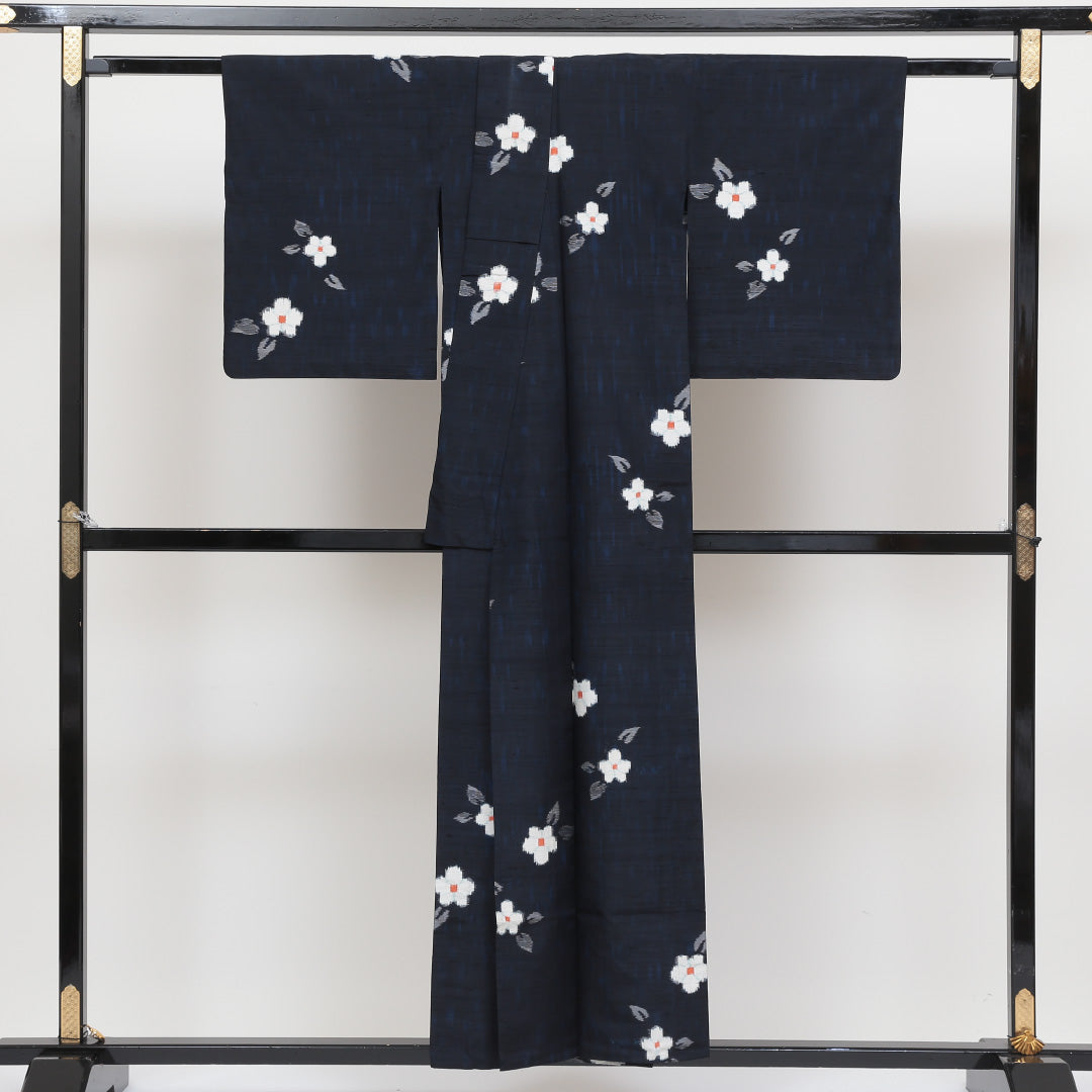 紬 単衣 身丈150cm 裄64.5cm 正絹 紺系 Aランク 小花柄 1216421800129