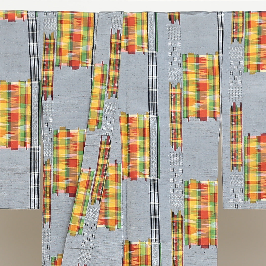 紬 袷 身丈163cm 裄67.5cm モダン格子 正絹 グレー系 Sランク 1216001752422