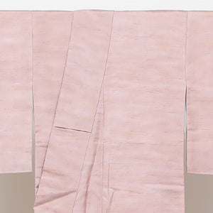 紬 袷 身丈154cm 裄63cm 正絹 ピンク系 Sランク 色無地 丸に梅鉢 しつけ糸 1216221300130