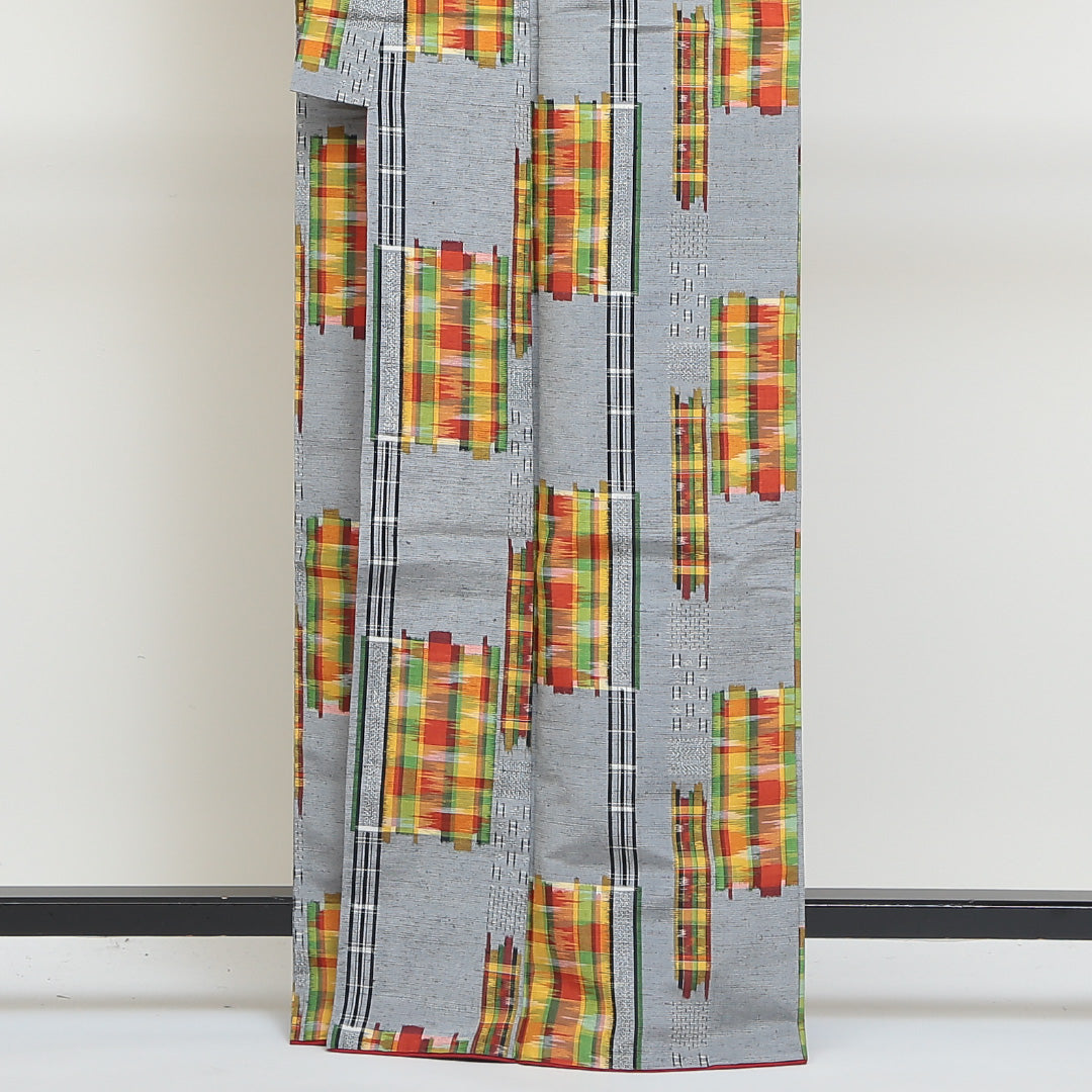 紬 袷 身丈163cm 裄67.5cm モダン格子 正絹 グレー系 Sランク 1216001752422