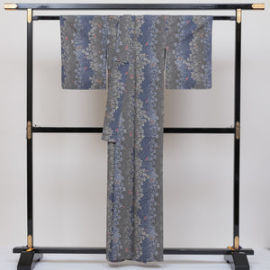 小紋 単衣 身丈156cm 青系 洗える着物 縞桜 美品 リサイクル着物 1215231700147