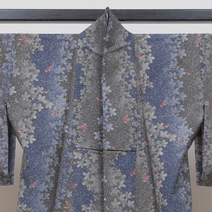 小紋 単衣 身丈156cm 青系 洗える着物 縞桜 美品 リサイクル着物 1215231700147