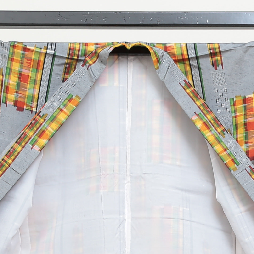 紬 袷 身丈163cm 裄67.5cm モダン格子 正絹 グレー系 Sランク 1216001752422